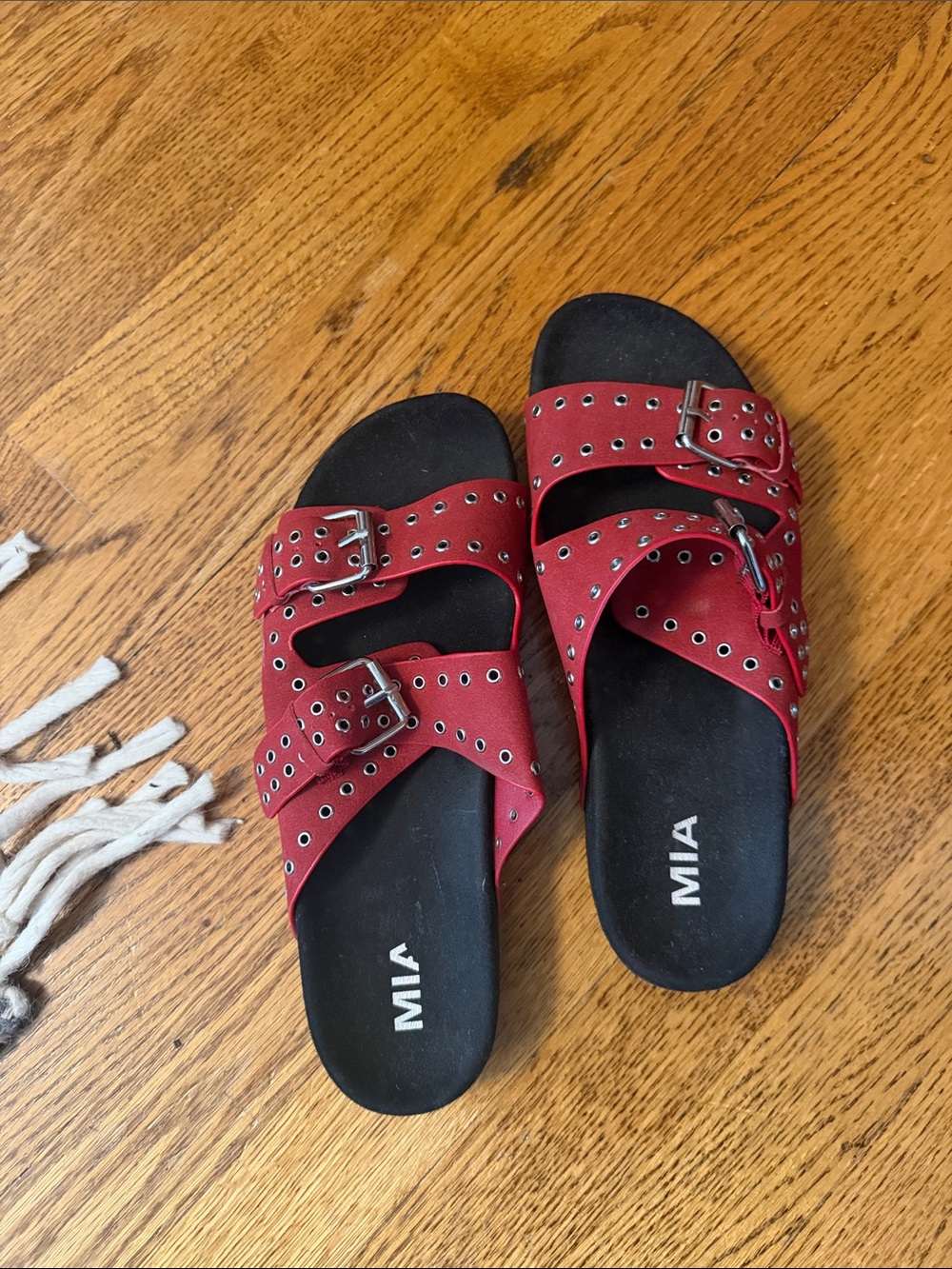 MIA Red Double Buckle Grommet Slide Sandals
